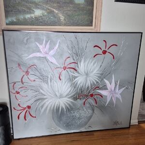 Abstract Floral Art in Gray and Red